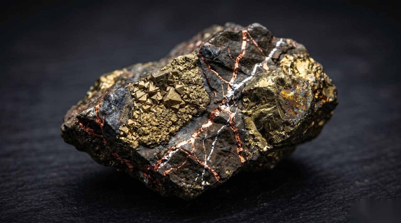 Macro photograph of a complex sulfide ore specimen showing chalcopyrite and native copper veins